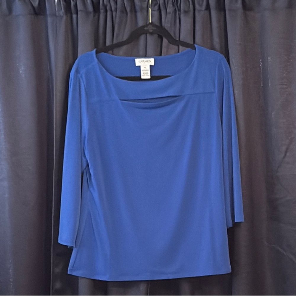Carmen Marc Valvo Blue Fitted 3/4 Sleeve Blouse